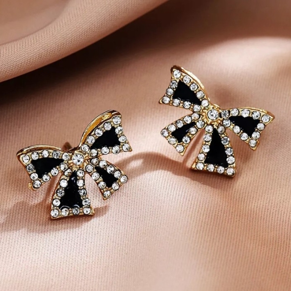 Elegant Black and Gold Bow Earrings